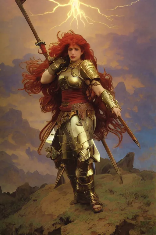 Image similar to full - body matte portrait of a legion of red haired lesbian valkyries in a heroic pose and wearing thick bronze plate armor at the top of a mountain holding a spear made of lightning, art by albert bierstadt, alphonse mucha, andreas rocha, greg rutkowski, sharp edges. ultra clear detailed. 8 k. elegant. octane render