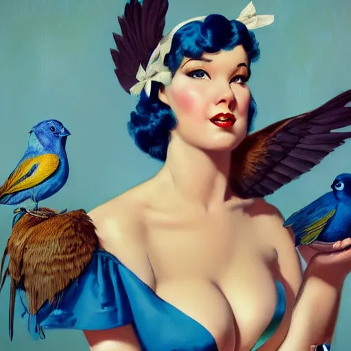 Image similar to portrait of a pinup girl holding an indigo bunting, bird, the bird is wearing a bowtie, by greg rutkowski, rossdraws, gil elvgren, enoch bolles, anime, porcelain skin, very coherent