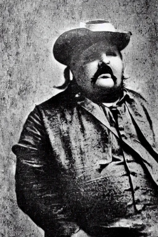 Prompt: morbidly obese jesse james, old - time western photo, very detailed, high quality, sepia tones,