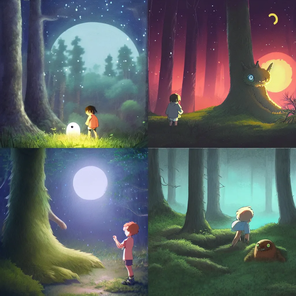 Prompt: a small boy leaning on a tree encounters a giant furry one - eyed monster in a misty moonlit forest, painting by studio ghibli. surrounded by fireflies, cinematic lighting, trending on artstation