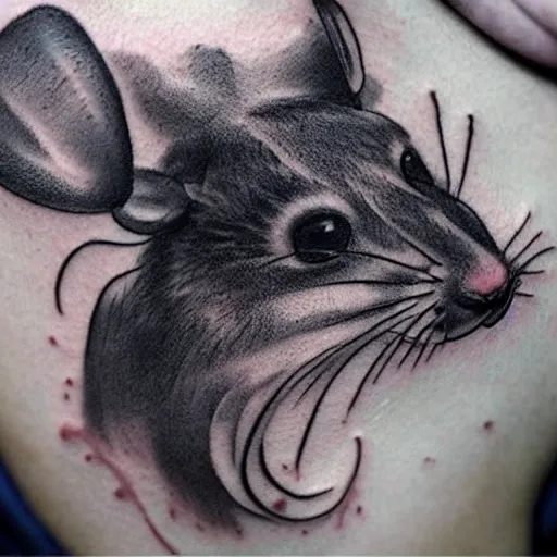 Image similar to tattoo of a cute rat, black, blue gray, pink, and white ink, detailed, hyperrealistic trending on artstation