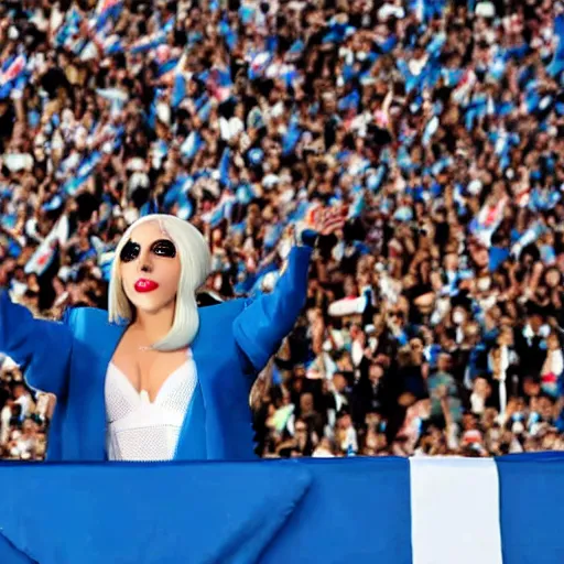 Image similar to Lady Gaga as president, Argentina presidential rally, Argentine flags behind, bokeh, giving a speech, detailed face, Argentina