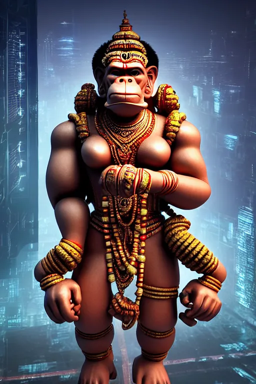 Image similar to high quality 3 d render post - rococo cyberpunk hanuman! head shri ram centre, madhubani, highly detailed, morning in sci - fi new delhi, cinematic smooth unreal engine, lee madgwick & liam wong, dramatic light, long shot, low angle, uhd 8 k, sharp focus