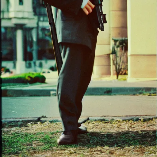 Prompt: photo of business man holding rifle 1950, Kodak Ultra F9, 35mm