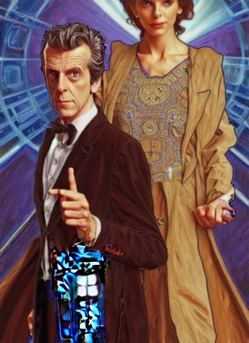 Prompt: oil painting of the twelfth doctor from doctor who with her tardis, intricate, elegant, highly detailed, lighting, painting, artstation, smooth, illustration, art by greg rutowski and alphonse mucha