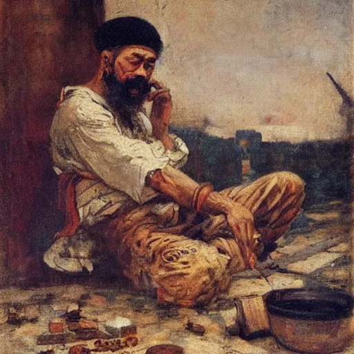 Prompt: Ferdinand Magellan eating cement, oil on canvas, by Juan Luna