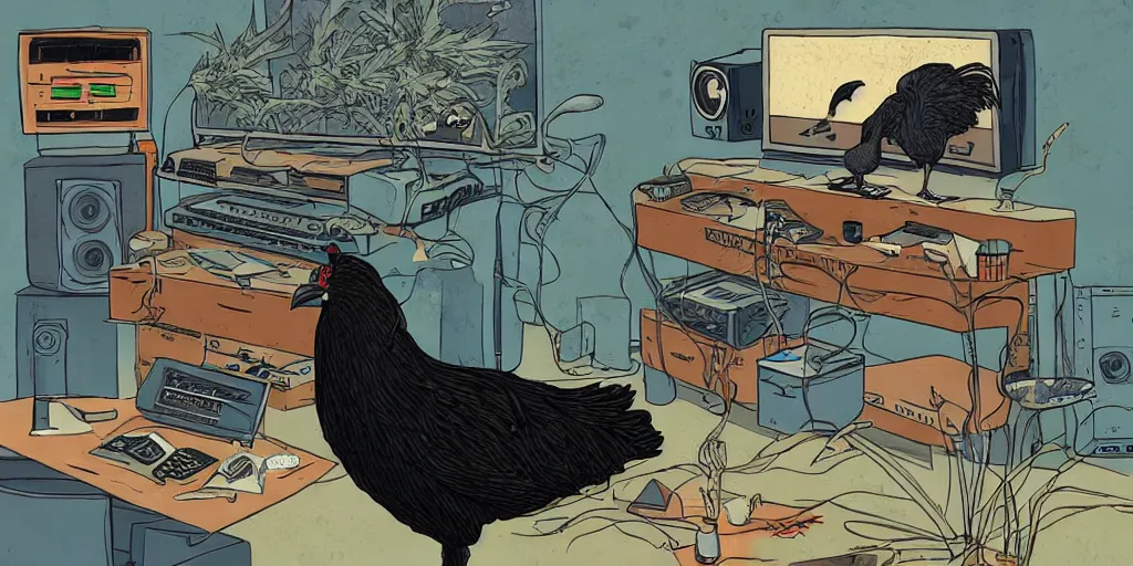 Image similar to 'black chicken'!!! smoking 'cannabis'!!!!!! in front of 'audio console'!!!! and 'multi monitors'!!!! 'in a hi-tech tv broadcasting studio'!!!!, artwork by James Gilleard