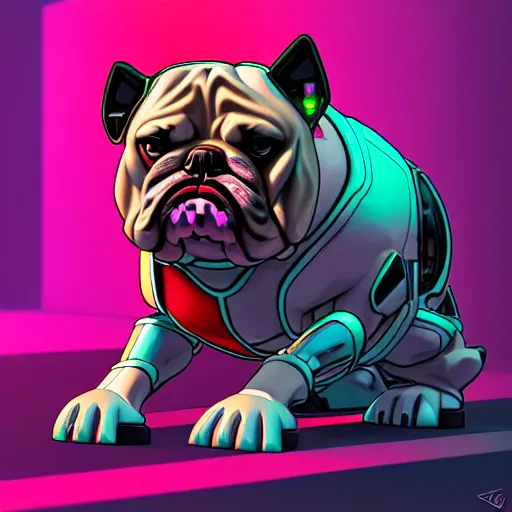 Image similar to « a comic styled cyborg bulldog sitting down, cyberpunk digital art by greg rutkowsky, illustration, colourful, sharp focus, highly detailed, future tech, sketchfab »