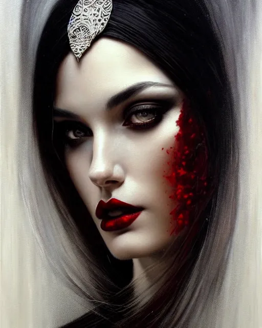 Prompt: portrait of a beautiful goddess, enigmatic beauty, dominant shades of black, silver, dark red, white, head in focus, fantasy art, ornamental aesthetics, intricate, elegant, highly detailed, hyperrealistic painting, artstation, concept art, painterly, sharp focus, illustration, art by karol bak