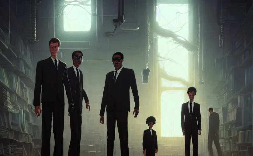 Image similar to highly detailed portrait of men in black, in resident alien, stephen bliss, unreal engine, fantasy art by greg rutkowski, loish, rhads, ferdinand knab, makoto shinkai and lois van baarle, ilya kuvshinov, rossdraws, tom bagshaw, global illumination, radiant light, detailed and intricate environment