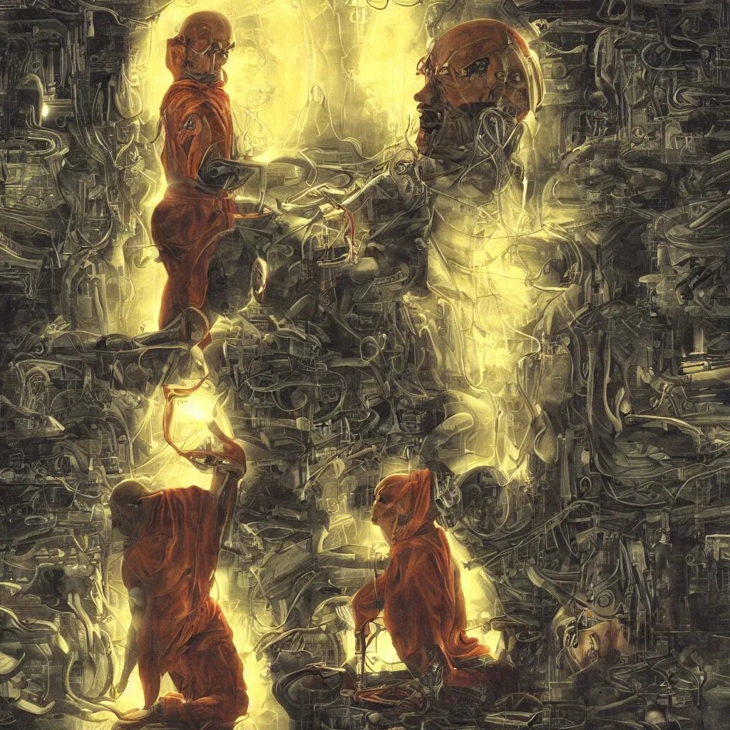 Prompt: Half cyborg half monk discovering enlightenment in a futuristic 2300