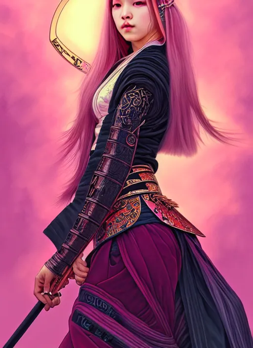 Image similar to jossi of blackpink, samurai, tarot card, highly detailed, digital painting, smooth, sharp focus, illustration, ultra realistic, 8 k, art by artgerm and alphonse mucha