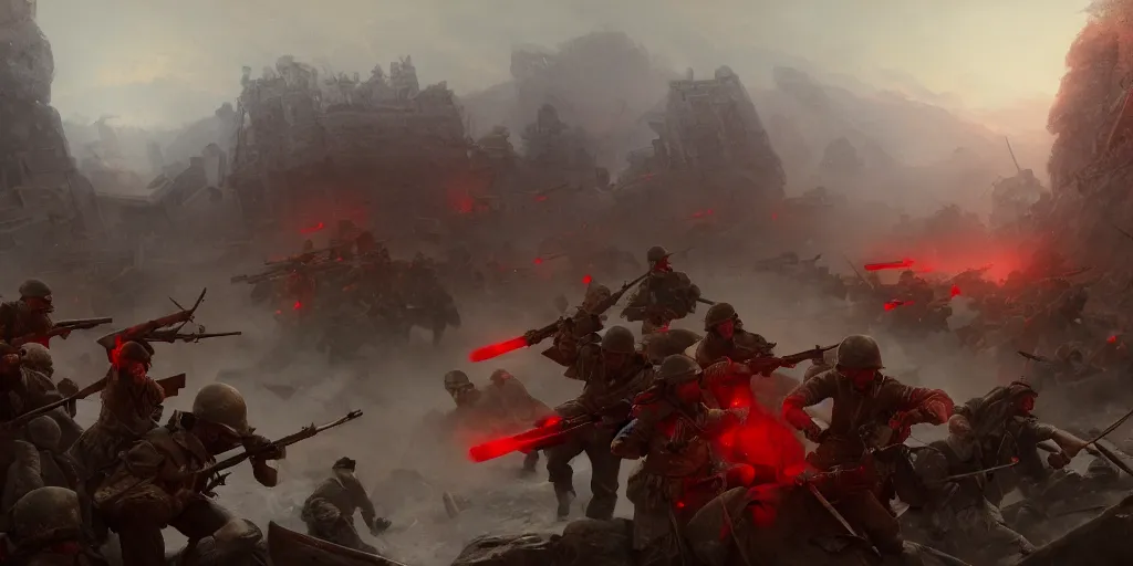 Prompt: red army fighting against white army in the ruined city of russian motheland, extremely detailed digital painting, in the style of fenghua zhong and ruan jia and jeremy lipking and peter mohrbacher, mystical colors, rim light, beautiful lighting, 8 k, stunning scene, raytracing, octane, trending on artstation