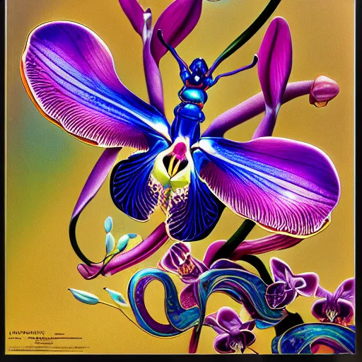 Image similar to majestic colorful orchid mantis enamel by leon bakst and yoshitaka amano, cloisonne, iridescent, black opals, beautiful hyperdetailed art nouveau orchids, james jean, amanda sage, ultrasharp photorealistic octane render