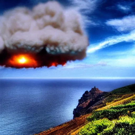 Image similar to madeira island nuked by a nuclear bomb, cloud shroom, cinematic shot, realistic, hdr, color, wide shot