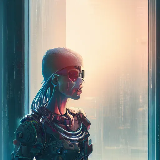 Prompt: portrait of cyberpunk woman looking out of a window, cyberpunk setting, futuristic, highly detailed, intricate lighting, digital painting, sharp focus, illustration, trending on artstation, art by magali villenueve.