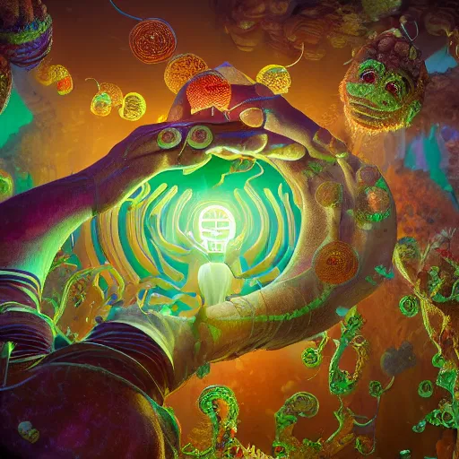 Image similar to greek gods, expressive eyes, floating, rbc, radiolaria, protophyta, micro - organisms, center frame, symmetric, rim light, marine microbiology, bioluminescence, electric, fur, soft, concept art, intricate details, highly detailed, colorful, photorealistic, disney pixar, octane render, iridescent, anime