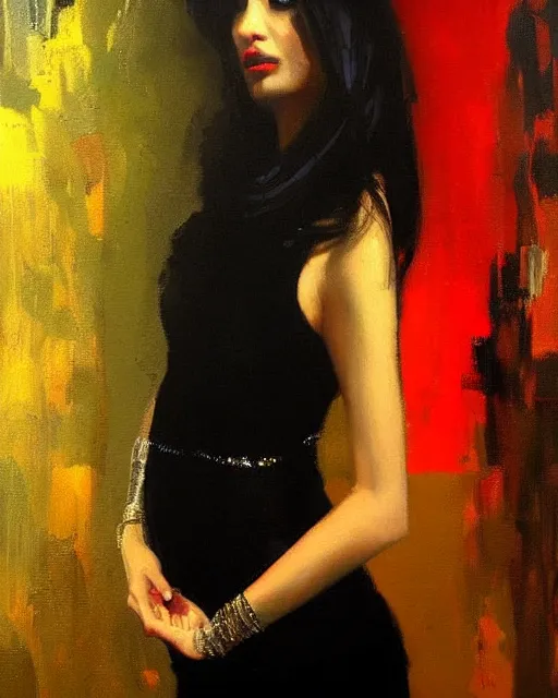 Image similar to beautiful portrait painting an gorgeous delhi girl wearing a little black dress at a nightclub, red lighting, oil painting, art by ruan jia