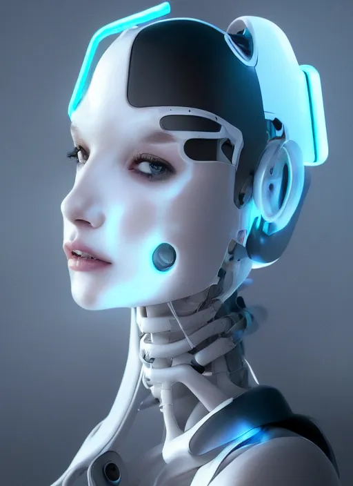 Prompt: white one cast futuristic biomechanics futuristic humanoid, pretty face, beautiful female, futuristic, neon lights, cyberpunk, 8 k, digital painting, by beeple and makoto shinkai, trending on cg society, glamour pose, high fashion, photorealistic, hyper realistic, perfect body, anatomical correct, ambient occlusion render