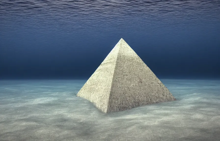 Image similar to a realistic cell - shaded cartoon showing a white pristine pyramid underwater at the bottom of the sea. shafts of sunlight come from above. wide shot, very dull muted colors, hd, 4 k, hq