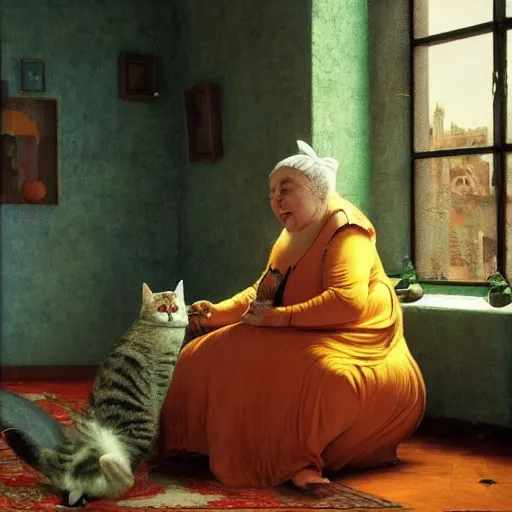 Image similar to a sweet fat old happy woman with a cat on her head. an artistic and poetic scene. jean - leon gerome, orientalism, academicism, angel, beautiful, highly detailed, color harmony, octane render, ornate, paul klee, flowers, window, zbrush, realism, darkness, alchemical, style of moebius