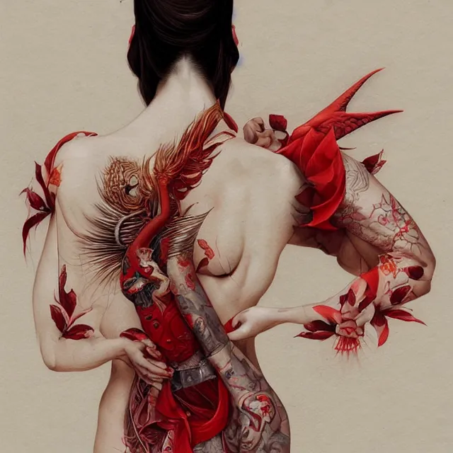 Image similar to ultra realistic illustration, beautifulwoman dressed in red kimono, backview, tattoos, in the style of peter mohrbacher by weta digital and beth cavener, high face symmetry, intricate, masterpiece, award winning, high face symmetry, intricate