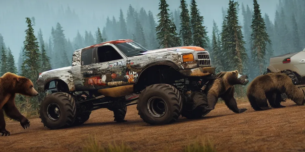 Image similar to A monster truck fighting a grizzly bear in its natural habitat, unreal engine, 8k