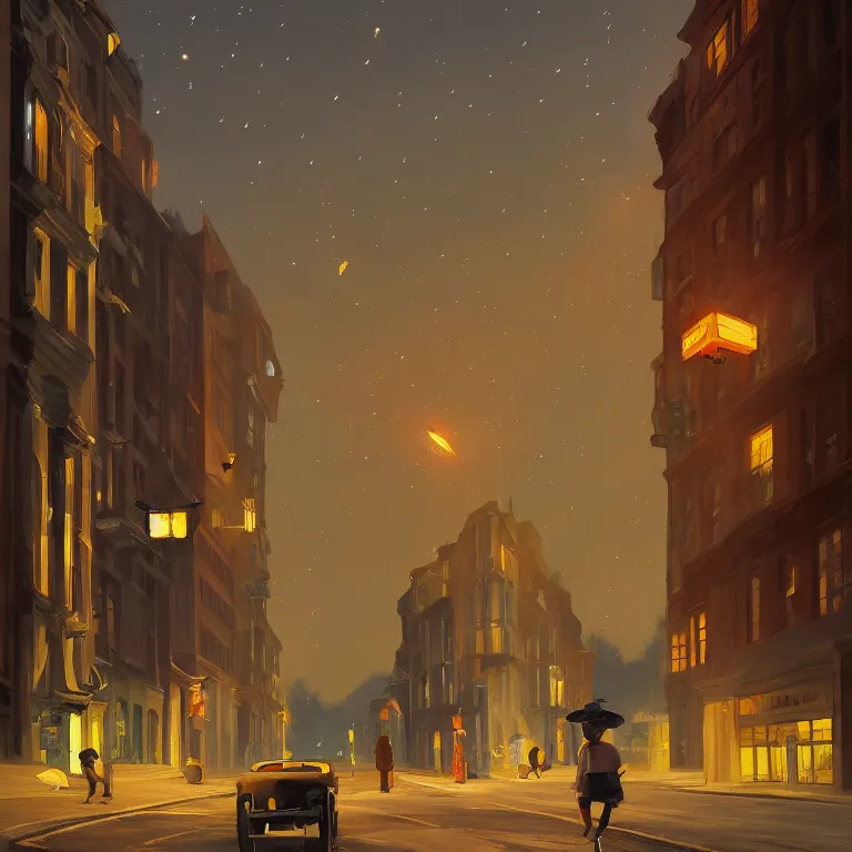 Image similar to a storybook illustration of a trash flying through empty street at night, fireflies, quiet night scene painted by Edward Hopper masterpiece, intricate, elegant, fantasy, highly detailed, digital painting, concept art, sharp focus, artstation