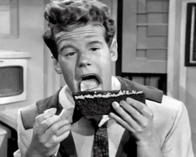 Image similar to Wally Cleaver eating a Choco Taco on Leave It To Beaver, black and white television still