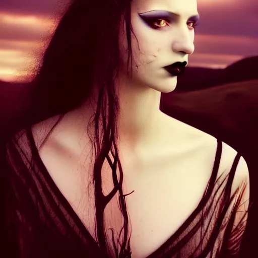 Image similar to photographic portrait of a stunningly beautiful gothic vampire female in soft dreamy light at sunset, contemporary fashion shoot, by edward robert hughes, annie leibovitz and steve mccurry, david lazar, jimmy nelsson, breathtaking, 8 k resolution, extremely detailed, beautiful, establishing shot, artistic, hyperrealistic, beautiful face, octane render