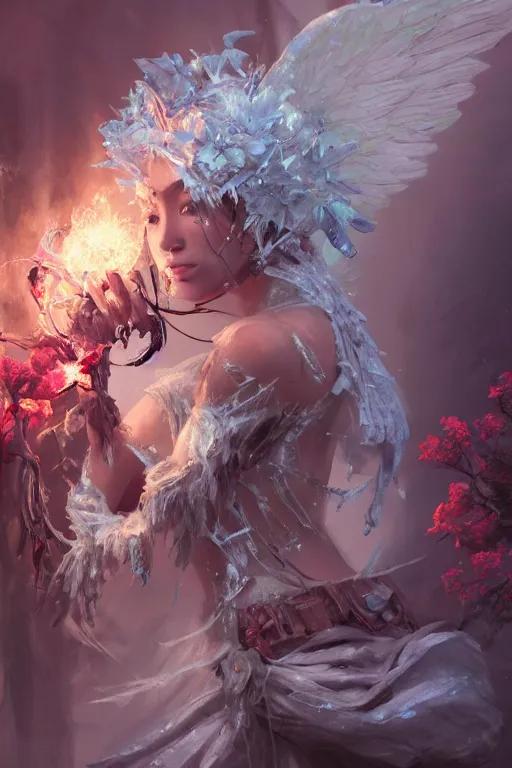 Image similar to beautiful girl necromancer, witch - doctor covered with ice exploding into flowers, angels, 3 d render, hyper - realistic detailed portrait, holding fire and electricity, ruan jia, wlop. scifi, fantasy, magic the gathering, hyper detailed, octane render, concept art, peter mohrbacher