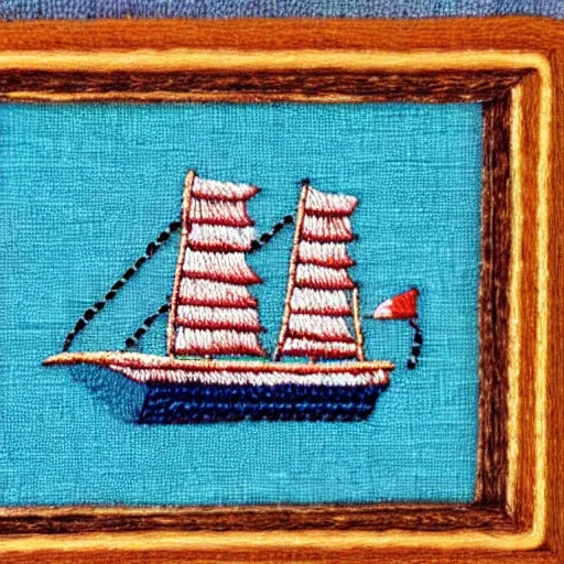 Image similar to a tiny beautiful handmade embroidery of a ship on the ocean. hand embroidery.