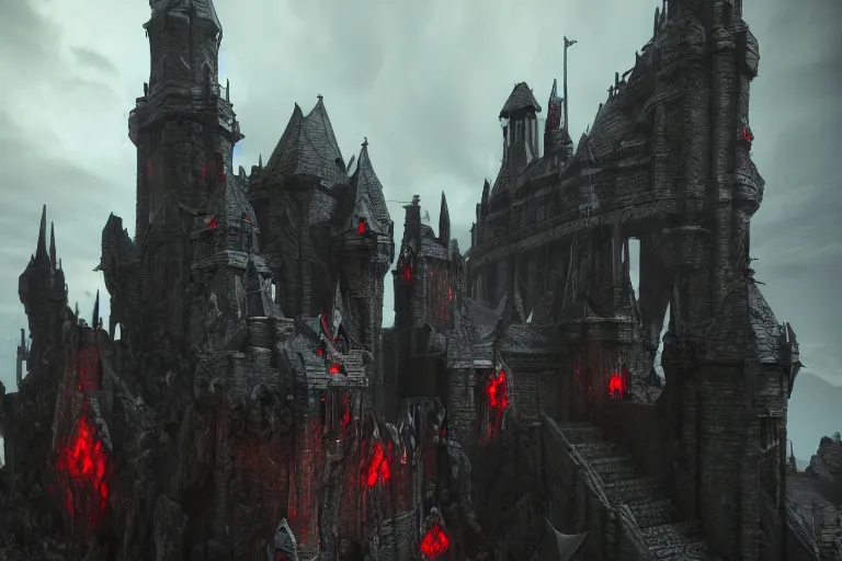 Image similar to big evil castle - city rock dark shadow elves, dark fantasy, shadows, artstation trending, unreal engine 5, red