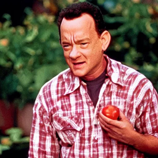Image similar to still from a movie starring tom hanks as a tomato