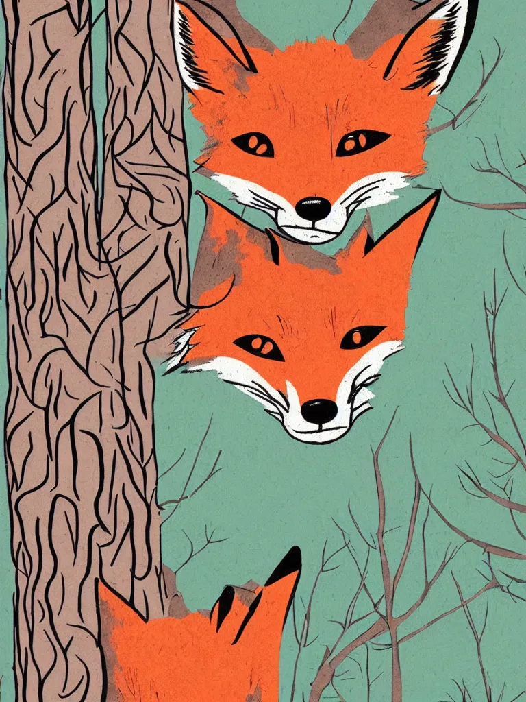 Image similar to artist ten hundred style poster illustration of a fox in a forest scene, some grungy markings, pastel colors