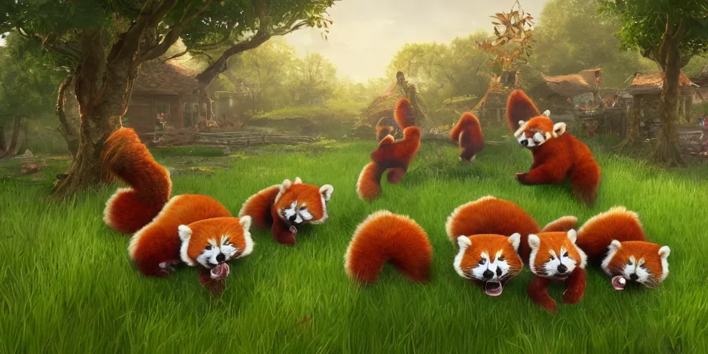 Prompt: a group of red panda that are in the grass in front of fairy village, concept art by senior environment artist, cgsociety, furry art, artstation hq, playstation 5 screenshot