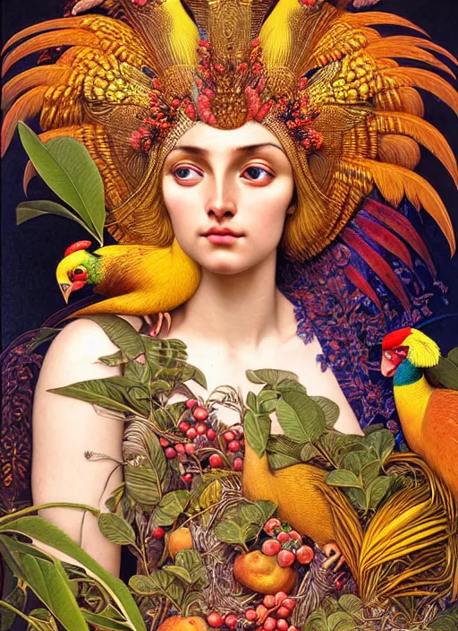 Image similar to hyperrealistic detailed face portrait of the beautiful goddess of the golden pheasants with an intricate headgear of golden pheasant, red berries, leaves, field flowers, pears, apples, art by ernst haeckel, john william godward, android jones, alphonso mucha, h. r. giger, gothic - cyberpunk, ornamental, beautiful deep colours,