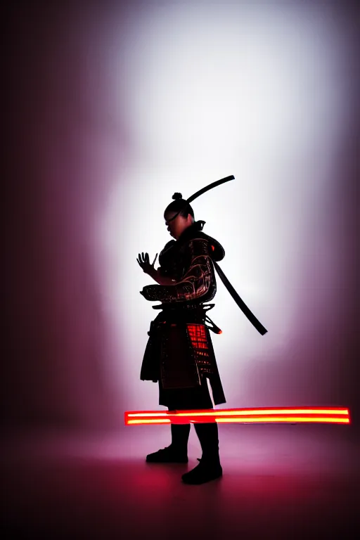 Prompt: slow shutter speed photo of a cyberpunk samurai with neon katana, fusion lamps