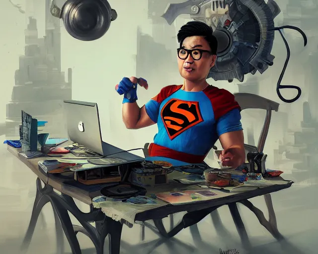 Image similar to an insanely detailed painting of a nerdy asian man wearing a superhero costume, sitting at a desk, staring at the nervously at the computer and typing, in the style of peter mohrbacher, dramatic lighting and composition, octane render, pixar, trending on artstation, concept art, comic book, view from behind