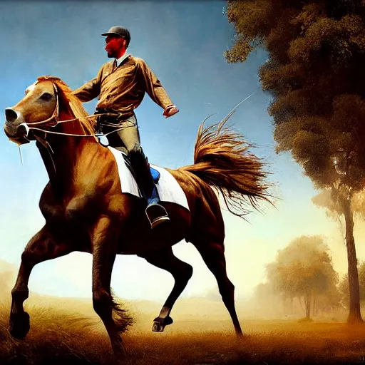 Prompt: a horse on top of a man, the man is carried by the horse, hyperrealism, no blur, 4 k resolution, ultra detailed, style of ron cobb, adolf hiremy - hirschl, syd mead, ismail inceoglu, rene margitte