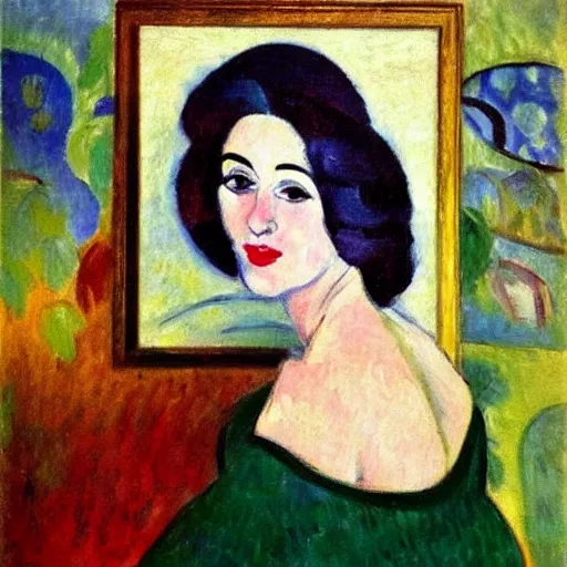 Prompt: A beautiful oil painting of a vivid impressionistic portrait of a woman, she is very beautiful, she smiles and looks straight at us, highly detailed, Matisse, fauvism