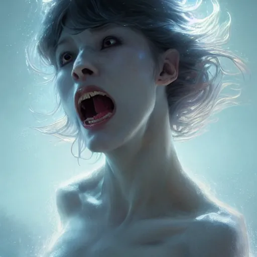 Prompt: a roaring and crying ghost, tall, silver skin, illustration, cinematic lighting, 8 k, d & d, frostbite 3 engine, dof, artstation, intricate, digital art, crepuscular ray, art by tsuyoshi nagano, greg rutkowski, artgerm, alphonse mucha