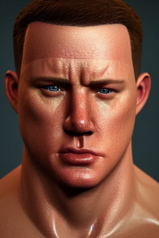 Image similar to a head shot of channing tatum as half human and a tater tot on a plate, tater tot face, ef 8 5 mm f 1. 8 usm, bionic scifi alexandre ferra, hyper detailed, digital art, trending in artstation, cinematic lighting, studio quality, smooth render, unreal engine 5 rendered, octane rendered