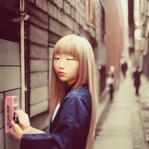 Prompt: 2000s perfect 8K HD professional photo of close-up japanese schoolgirl posing in sci-fi dystopian alleyway, at instagram, Behance, Adobe Lightroom, with instagram filters, depth of field, taken with polaroid kodak portra