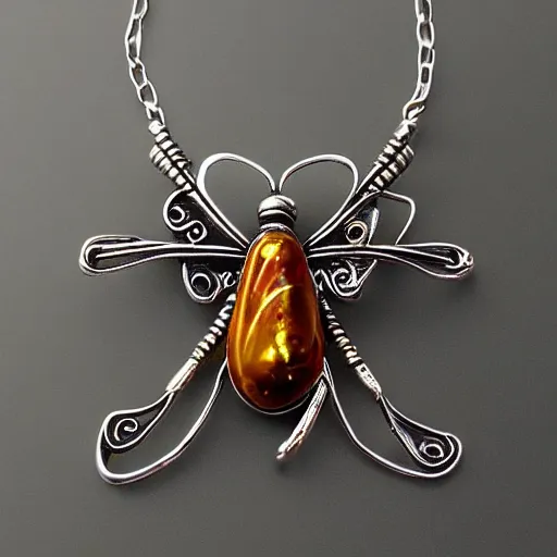 Prompt: abstract dragonfly morphing jewelry silver amber