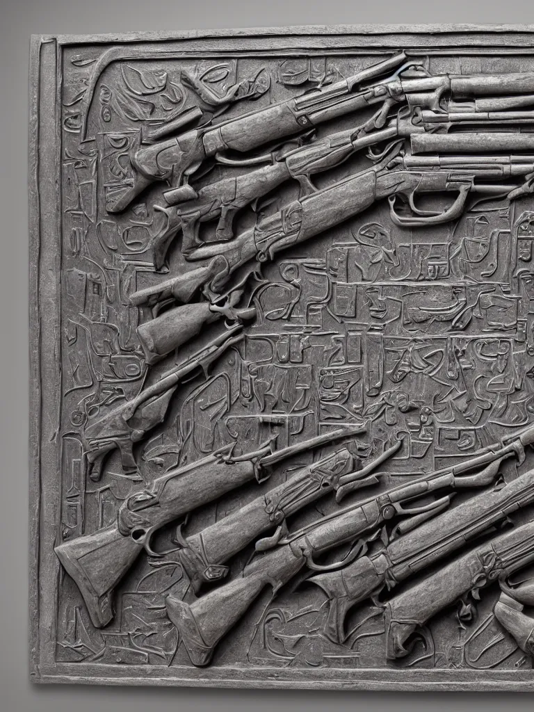 Image similar to relief sculpture carving in cast iron steel of machine guns shotguns rifles revolvers bullets, industrial dramatic dynamic lighting, hyperrealistic, ultrarealistic, intricate details, 4k