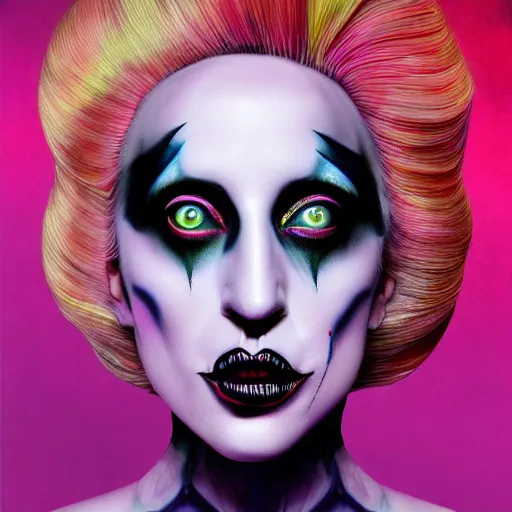 Prompt: an extremely psychedelic portrait of lady gaga as marilyn manson, surreal, lsd, face, detailed, intricate, elegant, lithe, highly detailed, digital painting, artstation, concept art, smooth, sharp focus, illustration,