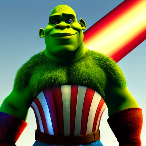 Image similar to digital painting of Shrek as Captain America, octane render, volumetric lightening, by marvel