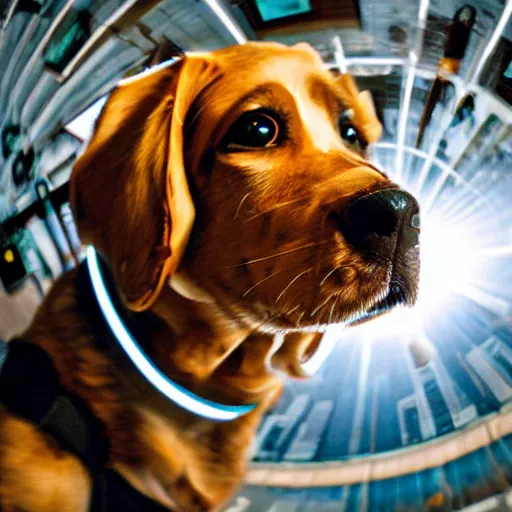 Image similar to Fisheye lens photograph of a cybernetic digital dog