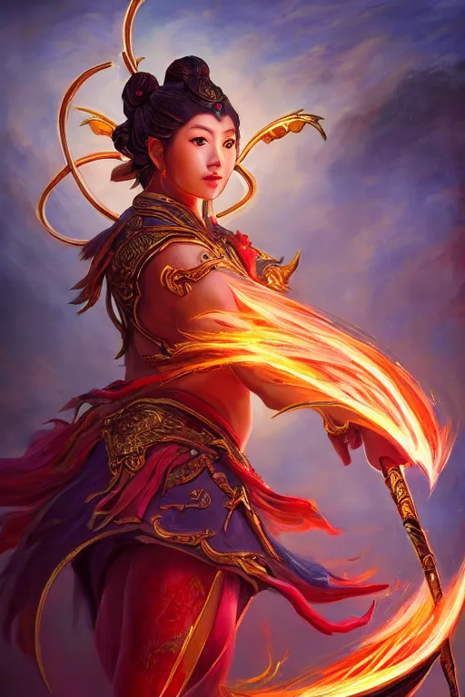 Prompt: a masterpiece portrait of nezha, legendary god holding spear, flame everywhere, epic pose, fantasy character portrait, closeup shot, hyper detailed, digital painting, 8 k realistic, trending on artstation, sharp focus, dof, by fenghua zhong, artgerm, ne zha from smite, jeff easley, raymond swanland